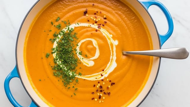 A white enameled blue pot holds a thick, smooth orange soup that fills it almost to the top. On the surface, there is a swirl of light cream in a circular shape, partly mixed into the soup. A sprinkling of finely chopped green herbs decorates the center-left area of the soup. Small red pepper flakes are scattered lightly across the surface. A silver spoon rests inside the pot on the right side, partially submerged in the soup. The pot sits on a white marbled textured surface. photo taken with an iphone --ar 4:5 --v 7