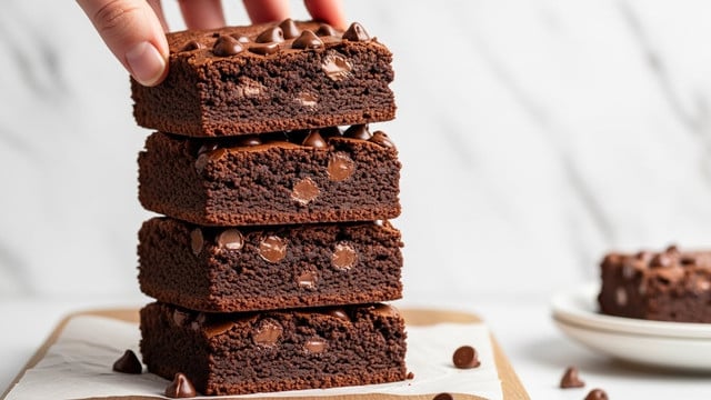 A stack of four thick, dark brown chocolate brownies with visible melted chocolate chips scattered throughout each layer sits on a piece of parchment paper on a wooden board, against a white marbled textured background. A woman's hand is lifting the top brownie, showing its dense, moist, and slightly crumbly texture. The chocolate chips glisten under the light, adding a glossy contrast to the rich matte surface of the brownies. The stack is straight and tall, with neat edges and a slightly rough top. A blurred white plate with another brownie piece sits in the bottom right corner. Photo taken with an iphone --ar 4:5 --v 7
