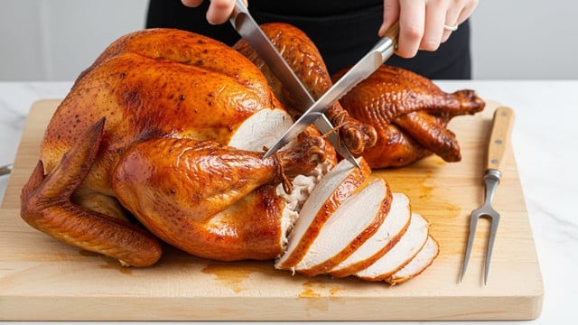 A whole roasted turkey is placed on a light wooden cutting board with a glossy, deep golden brown skin that looks crispy and well-cooked. One side of the breast is cut thinly into a few slices showing the inside, which is white and tender with a slightly moist texture. The wings and drumsticks have a darker brown skin, indicating a well-roasted surface. A woman's hand is holding a carving knife, positioned near the turkey ready to cut more slices. Next to the turkey on the board, there is a two-pronged fork with a wooden handle resting gently. The scene is set on a white marbled surface. Photo taken with an iphone --ar 4:5 --v 7
