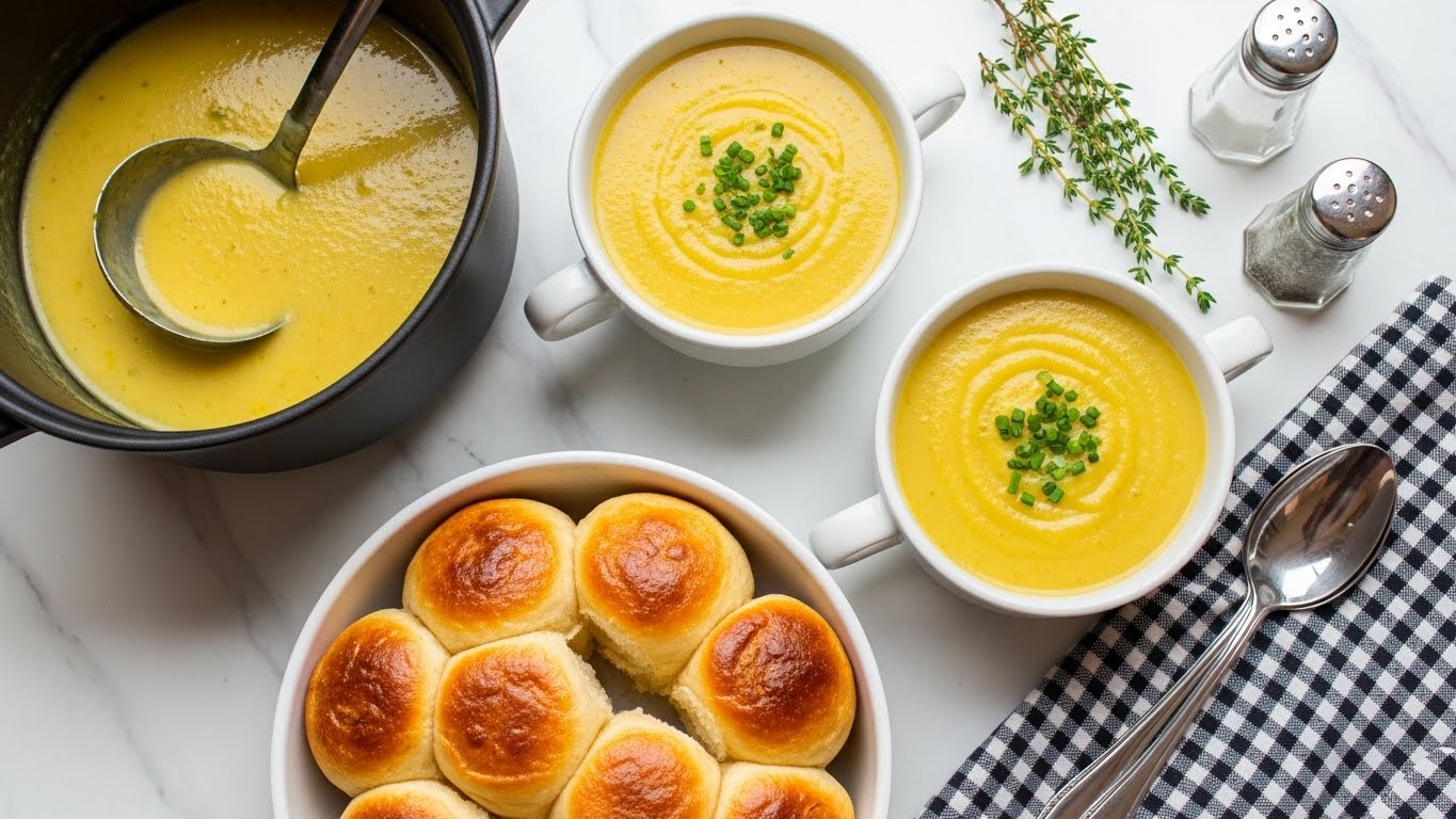 Two white bowls filled with creamy mashed potatoes sit side by side on a white marbled surface. The mashed potatoes are smooth and light yellow, topped with finely chopped green chives scattered evenly across the surface. Each bowl has two small handles on either side. In the background, there is a blurred white bowl of bread rolls and silver salt and pepper shakers. In the foreground, two large metal spoons rest on a black and white checkered cloth. Photo taken with an iphone --ar 4:5 --v 7