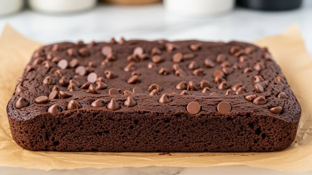 A rectangular dark chocolate brownie with a thick, moist texture is placed on crinkled brown parchment paper. The top layer is studded with scattered shiny milk chocolate chips that add a bit of smooth texture. The deep brown color of the brownie contrasts with the light parchment beneath it. The edges are slightly raised and firm, while the center looks soft and dense. The background shows a white marbled texture surface with blurred kitchen items. photo taken with an iphone --ar 4:5 --v 7