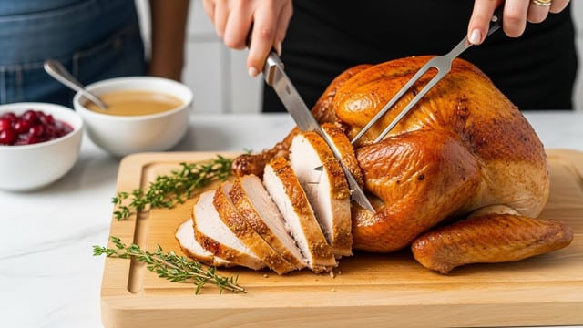A whole roasted turkey with shiny, golden-brown skin rests on a light wooden cutting board. The turkey is partially sliced on one side, showing several thick, juicy white meat pieces with a slight crust on the edges. Two sprigs of fresh green herbs lie on the cutting board near the turkey. A woman's hand is holding a carving knife slicing through the turkey, while the other woman's hand holds a large carving fork steady. In the blurred background, two small white bowls contain red cranberry sauce and light brown gravy. The setting is on a white marbled surface. Photo taken with an iphone --ar 4:5 --v 7