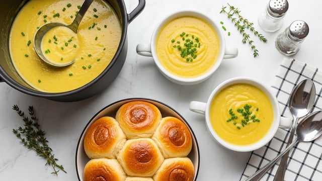 The image shows a creamy yellow soup with small green herbs sprinkled on top, served in two white bowls with handles. Each bowl holds smooth, thick soup garnished with green chopped chives. On the left side, a black pot holds more of the same soup with a ladle resting inside. Below the bowls, there is a white bowl filled with golden brown dinner rolls, slightly browned on top. On the right side, two silver spoons rest on a black and white checkered cloth. The whole scene is set on a white marbled surface with a small sprig of thyme and salt and pepper shakers nearby. Photo taken with an iphone --ar 4:5 --v 7