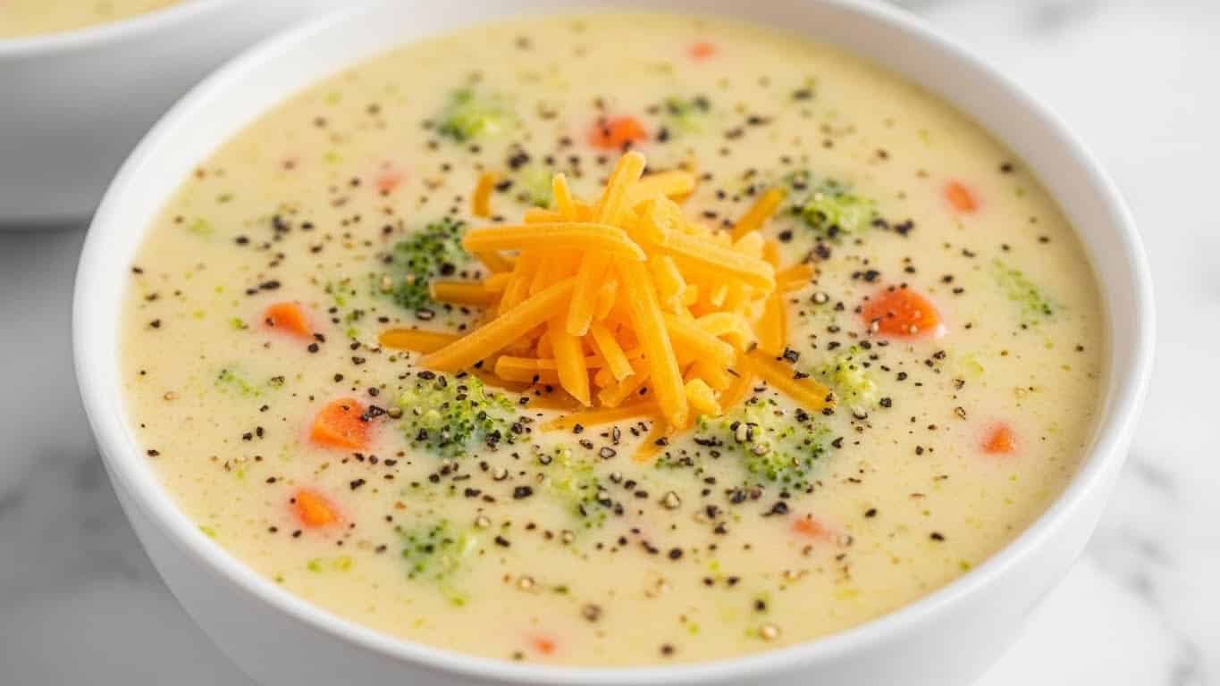 The image shows a close-up of a bowl of creamy broccoli cheese soup. The soup is thick and pale yellow, with visible small pieces of broccoli and orange carrot bits spread evenly throughout. On top, a small pile of shredded cheddar cheese adds a bright orange layer. Black pepper is sprinkled lightly over the surface, adding contrast to the smooth, creamy texture of the soup. The soup is served in a white bowl set on a white marbled surface, with part of another bowl of soup slightly visible in the background. photo taken with an iphone --ar 4:5 --v 7