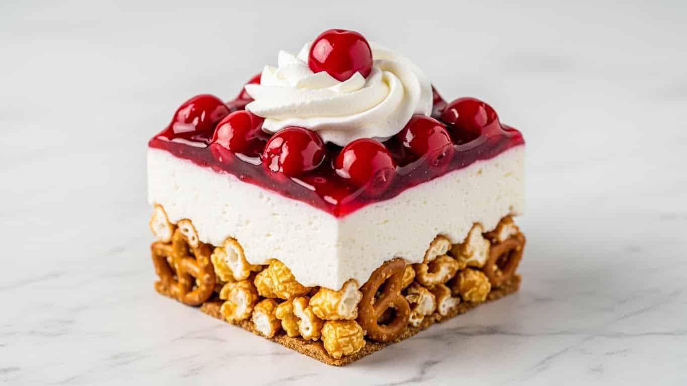 A square-shaped dessert with three clear layers sits on a white marbled surface. The bottom layer consists of a crunchy mix of pretzels and popcorn, showing a golden-brown color with varied textures. The middle layer is thick and creamy white, contrasting sharply with the base. The top layer is a glossy, deep red cherry topping with visible whole cherries, reflecting light for a shiny effect. On top of this, there is a swirl of white whipped cream with one whole cherry placed in the center. Photo taken with an iphone --ar 4:5 --v 7