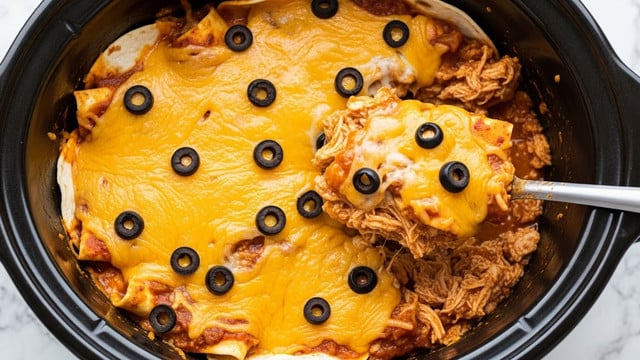 The image shows a black slow cooker filled with a layered casserole dish. The bottom layer is soft, slightly browned tortillas mostly covered by a thick layer of melted, golden-yellow cheese. On top of the cheese, there are black olive slices scattered unevenly, adding contrast. A large metal spoon is scooping out a portion, revealing shredded chicken mixed with sauce under the cheese. The dish appears creamy and saucy with a mix of orange and brown hues from the sauce. The slow cooker is set on a white marbled texture surface. Photo taken with an iphone --ar 4:5 --v 7