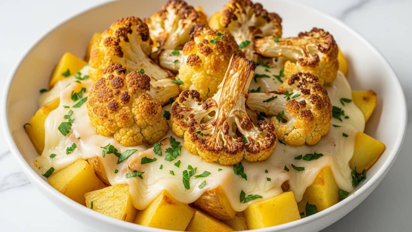 A close-up image of a dish in a white bowl with a creamy sauce, filled with golden-brown roasted chicken pieces and light yellow potato chunks. The sauce looks thick, white with green herbs sprinkled on top. The chicken pieces have a slightly crispy texture, while the potatoes appear soft and tender. The creamy sauce coats each ingredient evenly, making the dish look rich and smooth. The background is a white marbled texture. photo taken with an iphone --ar 4:5 --v 7