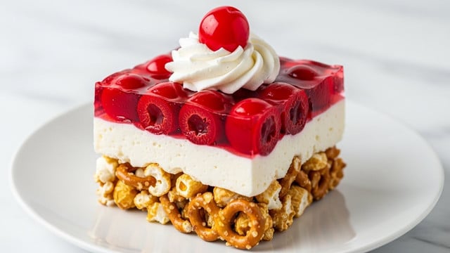 This image shows a close-up of a three-layer dessert square placed on a white plate, set on a white marbled surface. The bottom layer is a mix of crunchy pretzel pieces and popcorn with a golden brown color and rough texture. The middle layer is thick and creamy white, smooth and soft in appearance. On top sits a vibrant red jelly layer filled with whole cherries, glossy and slightly translucent, adding a bright and shiny look. A small swirl of white whipped cream sits in the center on top of the jelly, crowned with a single, whole red cherry. Photo taken with an iphone --ar 4:5 --v 7
