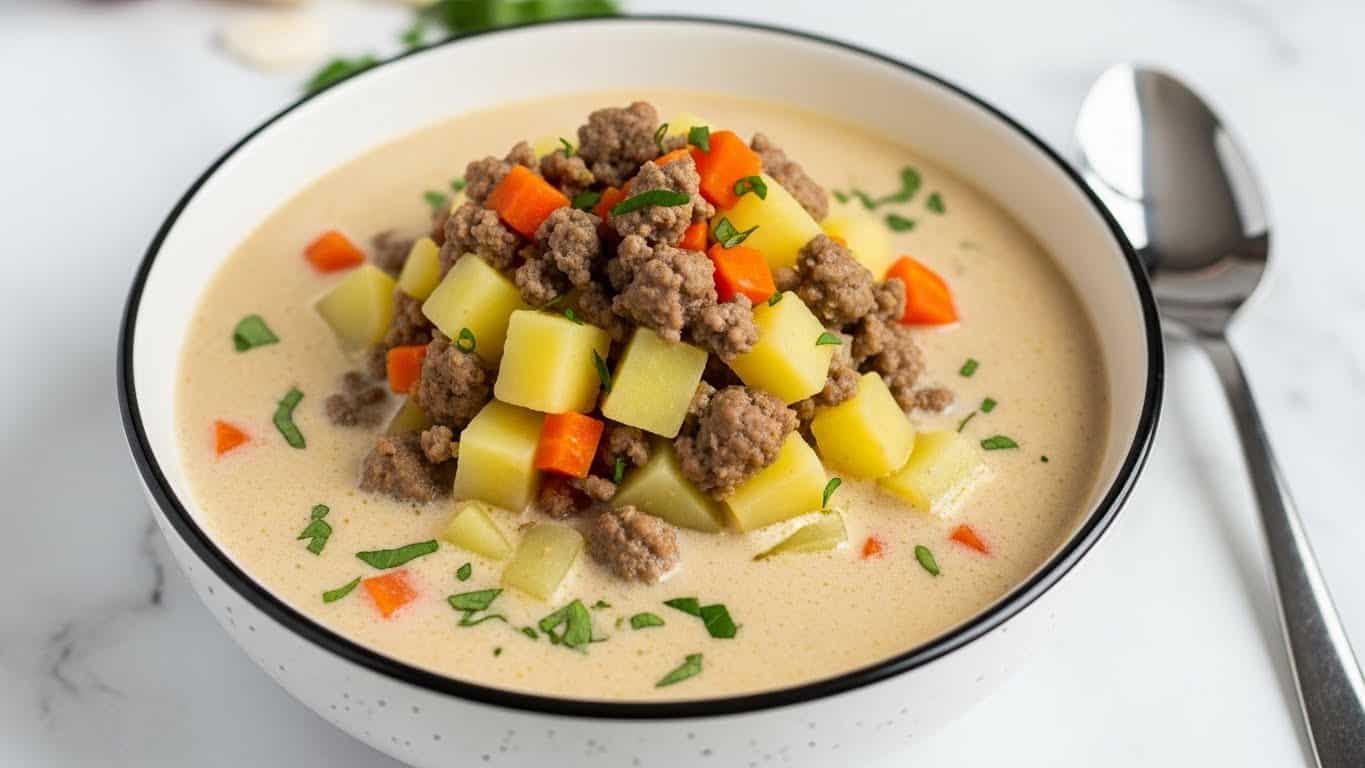 The image shows a bowl of creamy soup filled with layers of diced light yellow potatoes and small brown ground meat pieces mixed with small pieces of orange carrots, all covered in a thick beige cream broth. There are tiny green herb pieces sprinkled across the soup, adding color contrast. The soup is in a white bowl with dark rim details, placed on a white marbled surface. To the right, there is a shiny silver spoon partly resting on the bowl edge. In the background, some light-colored ingredients are blurred out, adding depth. Photo taken with an iphone --ar 4:5 --v 7
