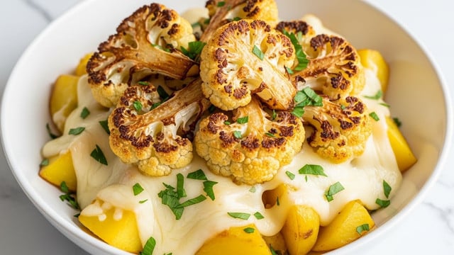 The dish is served in a white bowl, filled with golden-brown roasted cauliflower pieces on top, showing a slightly crispy texture with browned edges. Beneath the cauliflower, there are visible layers of melted cheese that look creamy and smooth, covering chunks of soft yellow potatoes. The dish is sprinkled with finely chopped green herbs, adding a fresh contrast to the warm colors. The background is a white marbled texture. photo taken with an iphone --ar 4:5 --v 7