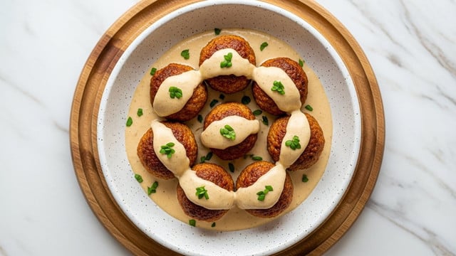 Seven golden brown meatballs are arranged in a round white speckled bowl sitting on a wooden round board. Each meatball is topped with a creamy light beige sauce speckled with small green herb leaves. The sauce pools in the bowl, covering the bottom completely and giving a rich, smooth texture contrasting the crispy meatballs. The background is a white marbled surface with subtle gold streaks visible. photo taken with an iphone --ar 4:5 --v 7
