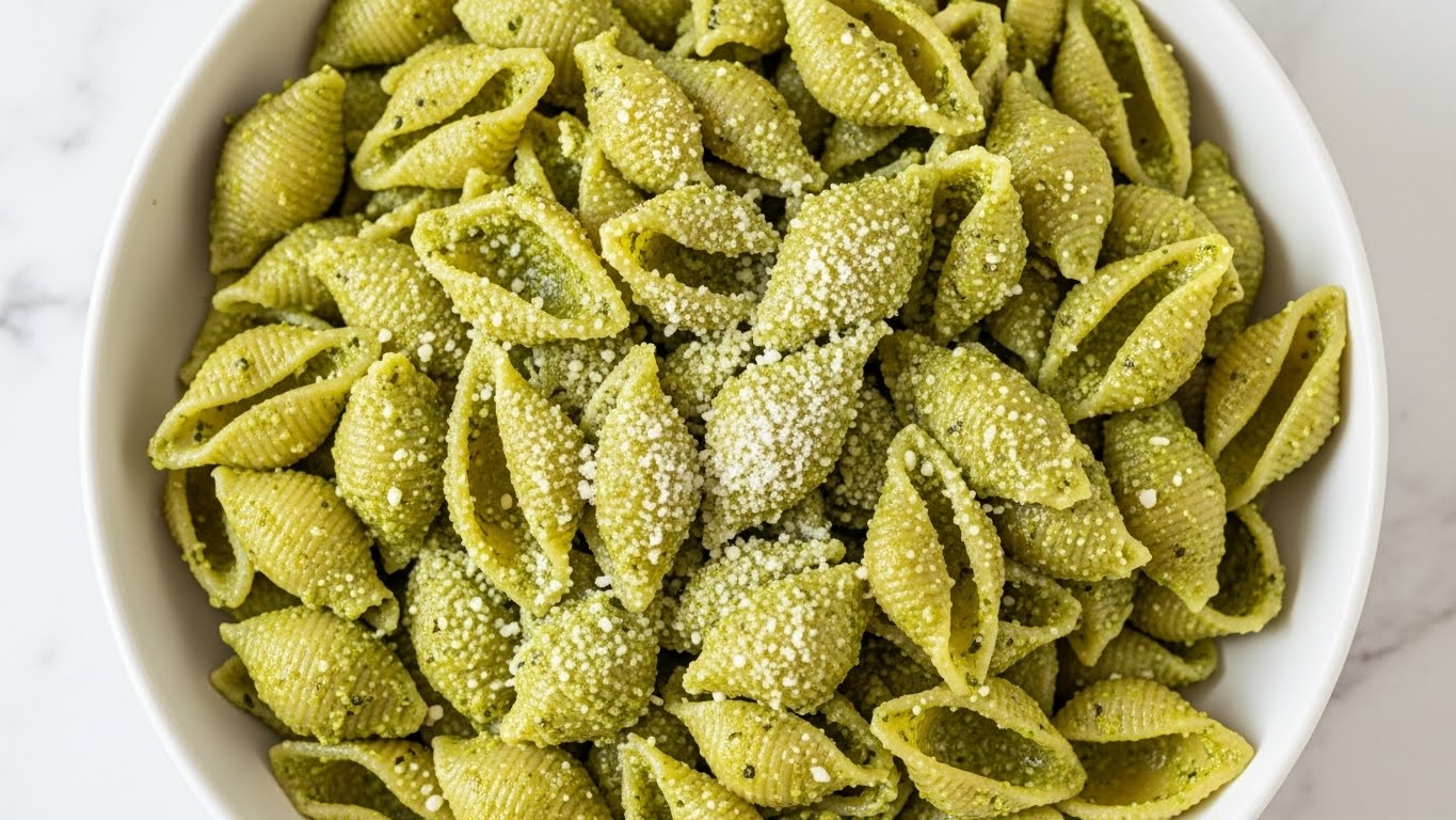 A close-up view of a round white bowl filled with shell-shaped pasta coated in a bright green pesto sauce, with small bits of herbs and texture visible on the noodles. The green pesto evenly covers the pasta, filling some of the shells, and is topped with a light sprinkle of finely grated white cheese. The bowl sits on a white marbled texture. photo taken with an iphone --ar 4:5 --v 7