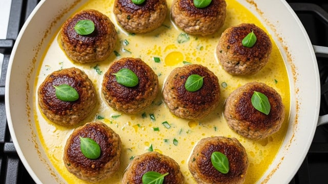 Nine round meatballs with a golden brown crust sit evenly spaced inside a white pan. Each meatball has small green leaves placed on top and is surrounded by a light yellow creamy sauce with visible green herbs floating in it. The meatballs have a smooth texture with some seasoning visible inside. The pan rests on a stove with part of the burner visible below. Photo taken with an iphone --ar 4:5 --v 7