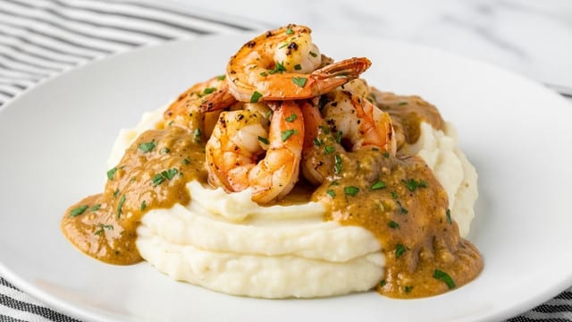 The dish shows a white plate filled with a thick layer of creamy white mashed potatoes at the bottom. On top of the potatoes, there is a golden-brown sauce studded with green herbs, generously poured over, spreading out on the plate. Resting above the sauce and potatoes is a small mound of grilled shrimp, pinkish with slight char marks, coated in the same sauce with herbs visible on their surface. The background is a white marbled texture, and a black and white striped cloth is visible behind the plate. Photo taken with an iphone --ar 4:5 --v 7