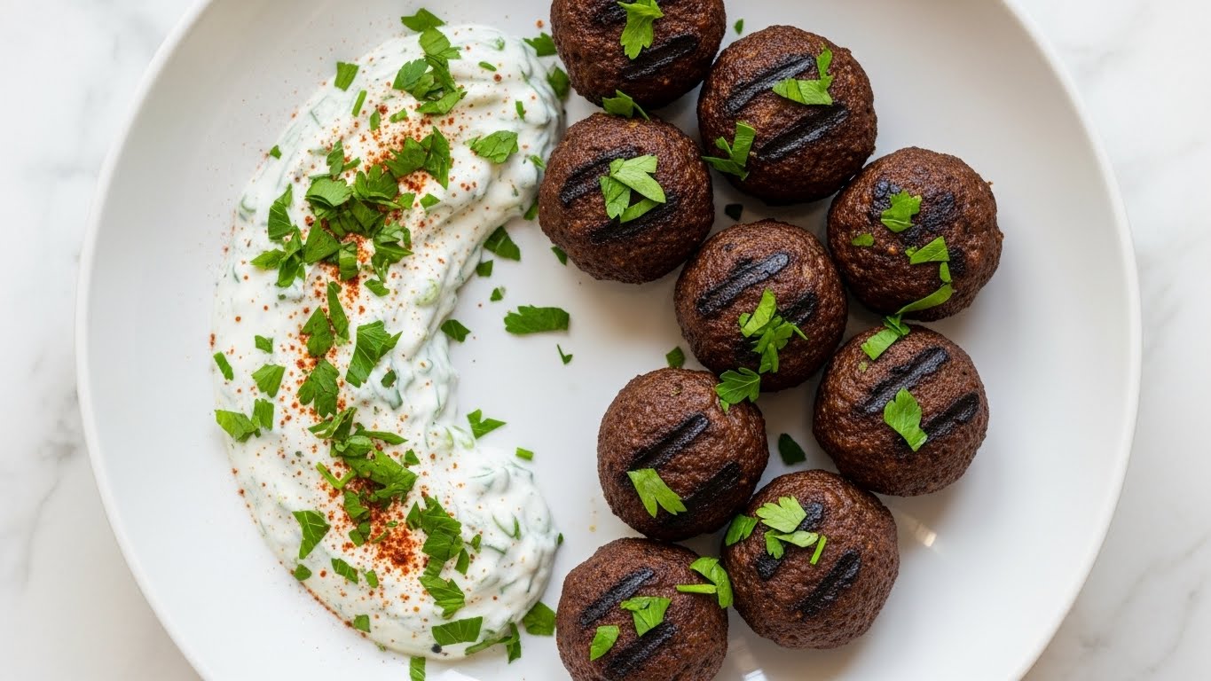 The image shows a white shallow ceramic bowl with a brown rim placed on a white marbled surface. Inside the bowl, there are eight browned, grilled meatballs arranged on the right side. The meatballs have a slightly charred texture and are topped with fresh chopped green herbs. On the left side, there is a creamy white sauce mixed with small green herb pieces, drizzled lightly with golden olive oil and sprinkled with a reddish spice. The contrast between the dark meatballs and the bright white sauce makes the dish look fresh and tasty. photo taken with an iphone --ar 4:5 --v 7