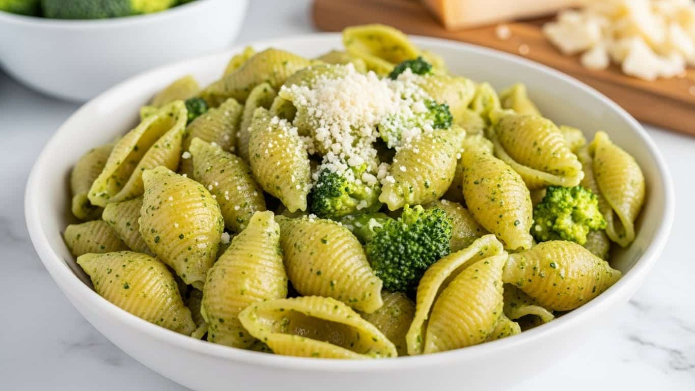 A white bowl filled with pasta shells coated in a green broccoli sauce, giving the dish a textured, creamy look with small bits of broccoli visible on each shell. The pasta is topped with a light sprinkle of finely grated white cheese in the center. The bowl is set on a white marbled surface, and in the background, there is a blurred white bowl holding extra green broccoli and a wooden board with a block of cheese. The colors mainly include creamy yellow from the pasta and bright green from the sauce, with the cheese adding a subtle contrast. photo taken with an iphone --ar 4:5 --v 7