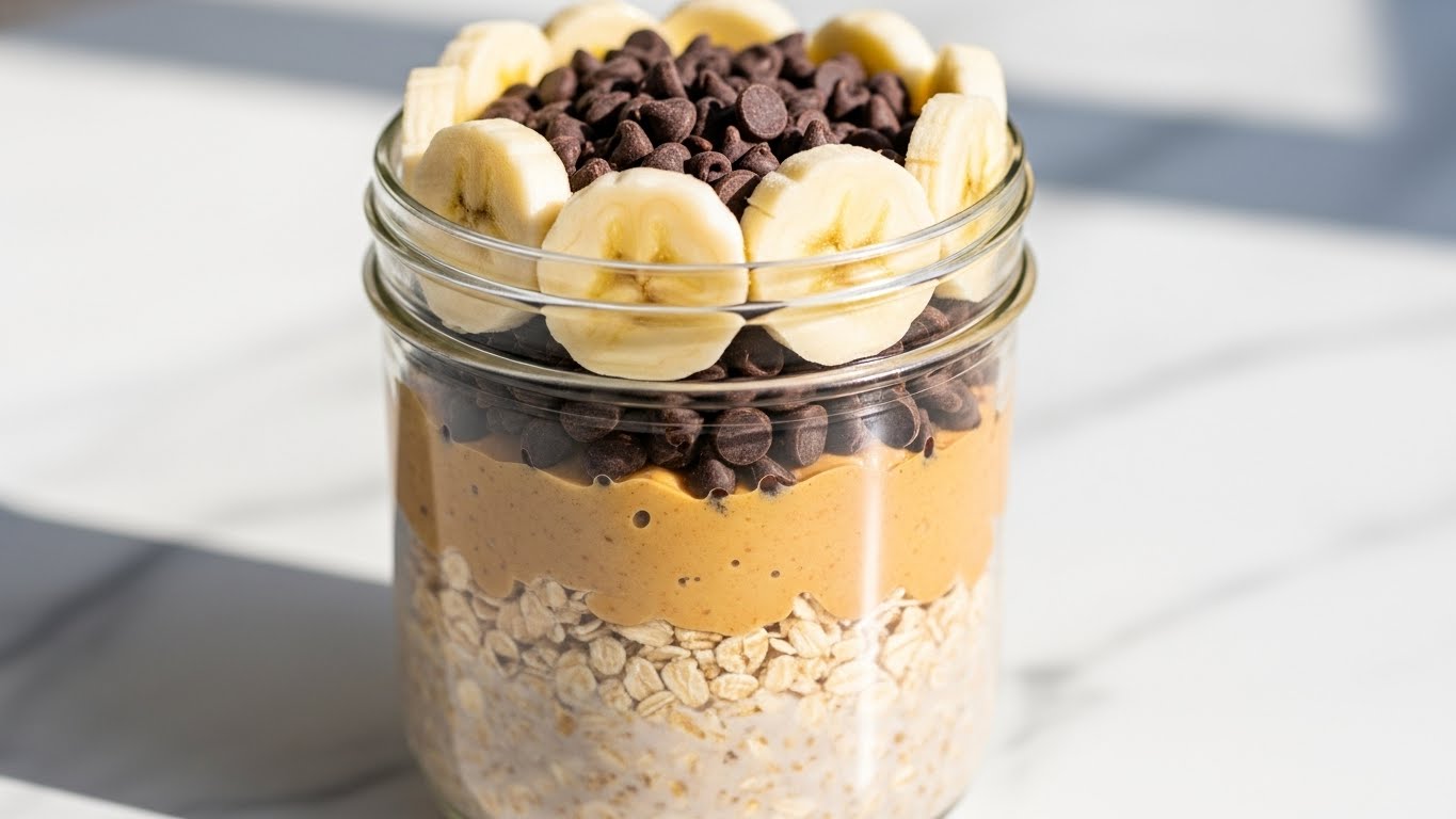 A clear glass jar shows three layers: the bottom layer has light brown soaked oats with some texture, the middle layer is a thick, creamy peanut butter mix with visible small specks, and the top layer is decorated with evenly placed pale yellow banana slices around the edge and a pile of dark brown chocolate chips in the center. The jar is set on a white marbled surface with a blurred background, and natural light highlights the textures and colors. photo taken with an iphone --ar 4:5 --v 7