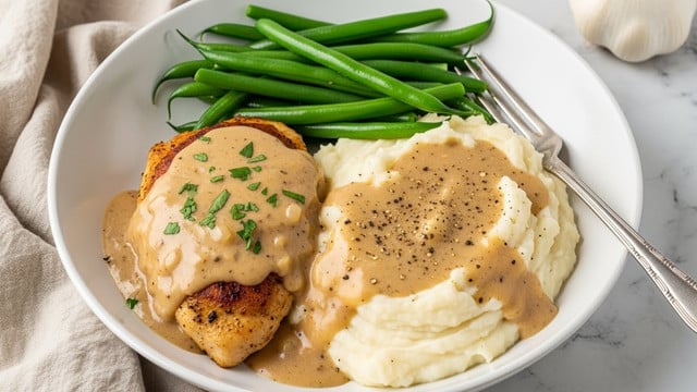 A white bowl holds a meal with three main parts: on the left side, a thick piece of browned chicken covered in a smooth, light brown gravy with small green herbs on top; on the right, a large scoop of creamy white mashed potatoes also topped with a pool of the same gravy sprinkled with black pepper; at the top right, a neat pile of bright green fresh green beans with a shiny surface. A silver fork rests on the edge of the mashed potatoes on the right side. The bowl sits on a white marbled surface with a light beige cloth and a whole garlic bulb in the background. photo taken with an iphone --ar 4:5 --v 7