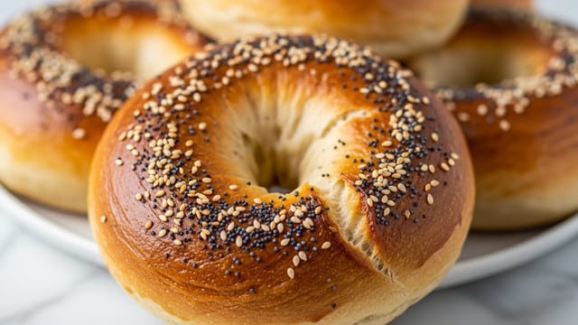 The image shows a close-up of a golden-brown bagel with a crispy, slightly uneven surface. It has a shiny crust, sprinkled with white sesame seeds and black poppy seeds evenly spread across the top. The bagel's texture reveals soft, airy dough inside, visible through small cracks on the surface. Several more bagels appear blurred in the background, stacked closely. They rest on a white plate placed on a white marbled surface. photo taken with an iphone --ar 4:5 --v 7
