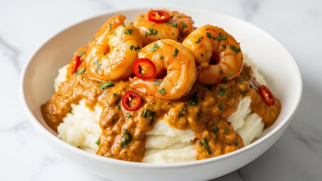A white bowl holds a layered dish with creamy white mashed potatoes at the bottom, topped with a thick, rich, orange-colored sauce that has green herbs and small red chili flakes throughout. On top of this sauce, there are several plump shrimp coated in the same sauce, showing a slightly pink and orange color with herbs stuck to them. The sauce is glossy and thick, covering both the shrimp and mashed potatoes, giving the dish a creamy and inviting look. The background surface is a white marbled texture, adding a clean and fresh setting. Photo taken with an iphone --ar 4:5 --v 7