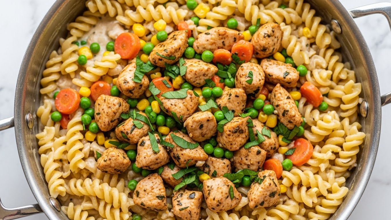 A close-up view of a creamy pasta dish in a silver pan, filled with three visible layers: the bottom layer is twisted rotini pasta coated evenly in a thick cream sauce, the middle layer consists of small green peas, yellow corn, and round orange carrot slices scattered throughout, and the top layer features chunks of browned chicken mixed with fresh green herbs. The sauce has a smooth, slightly speckled texture from the herbs, driving a warm light beige color. The whole scene is set against a white marbled surface. photo taken with an iphone --ar 4:5 --v 7