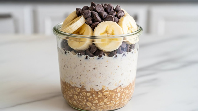 A clear glass jar shows a layered dish starting at the bottom with soaked oats in a light brown liquid, followed by a thick creamy layer with a smooth texture that has small visible specks, suggesting flavors mixed in. On top, there are sliced banana pieces arranged in a circle, with shiny dark chocolate chips piled in the center of the banana ring. The jar is placed on a white marbled surface with a blurred kitchen background in soft light. photo taken with an iphone --ar 4:5 --v 7