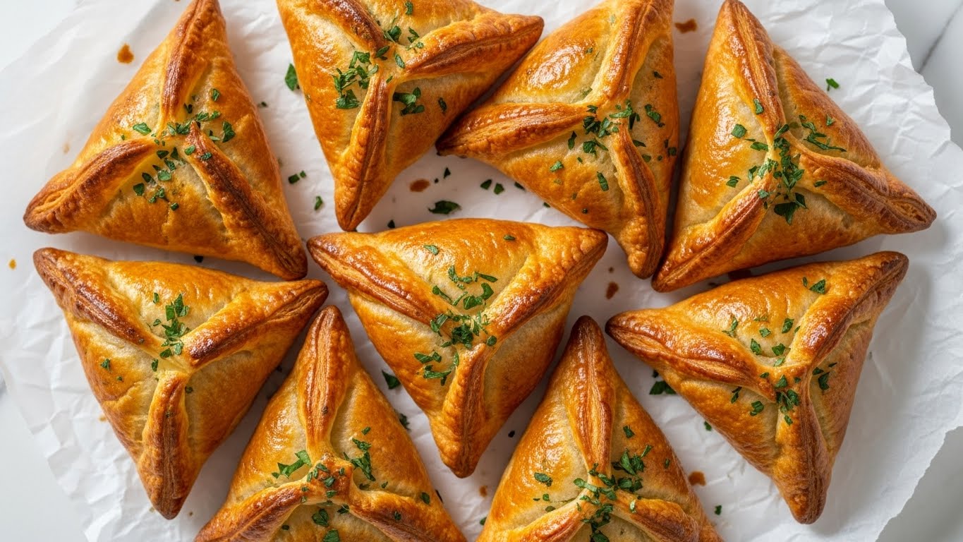 The image shows seven golden-brown triangular pastries arranged on crumpled parchment paper, each with a crispy, flaky texture and sprinkled lightly with green herbs and spices. The pastries have a slightly uneven surface, showing layers of cooked dough and a bit of browning on the edges. The white marbled surface underneath the parchment paper adds a clean and bright contrast to the warm tones of the pastries. One pastry is positioned slightly apart from the others, giving a clear view of its crispy side. Photo taken with an iphone --ar 4:5 --v 7