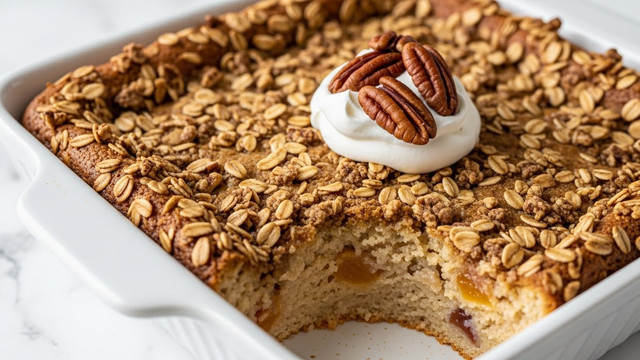 The image shows a close-up of a baked dessert in a white square dish with a slightly golden-brown crust. The top layer is covered with crunchy oat clusters, scattered across the surface, with some toasted pecans placed on a small dollop of white whipped cream at the center. The dessert underneath appears moist and soft, with a light amber color, and the texture looks smooth with small visible pieces likely of fruit mixed in. The dish is placed on a white marbled surface, creating a clean and bright setting. photo taken with an iphone --ar 4:5 --v 7
