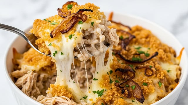 The dish shows a close-up of a spoon lifting a creamy, cheesy casserole from a white bowl. The casserole has three main parts: a golden-brown, crispy top layer with browned onions and green herb bits, a middle layer of white, sticky melted cheese stretching from the scoop, and a soft base mixed with shredded light brown chicken and white rice. The textures range from crunchy and crisp on top to moist and creamy below, with visible green herbs sprinkled on top and throughout. The bowl sits against a white marbled background, enhancing the warm, rich colors of the dish. Photo taken with an iphone --ar 4:5 --v 7