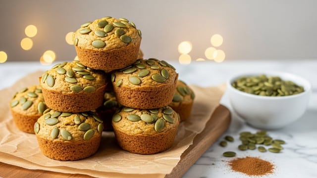 A stack of six golden-brown muffins with pumpkin seeds on top is placed on crumpled brown parchment paper over a wooden board. The muffins have a soft texture and are arranged in a pyramid shape, with three at the bottom, two in the middle, and one on top. To the right, a white bowl filled with pumpkin seeds sits on a white marbled surface, with some seeds scattered nearby along with a small pile of cinnamon powder. In the background, out-of-focus warm lights create a cozy atmosphere. photo taken with an iphone --ar 4:5 --v 7