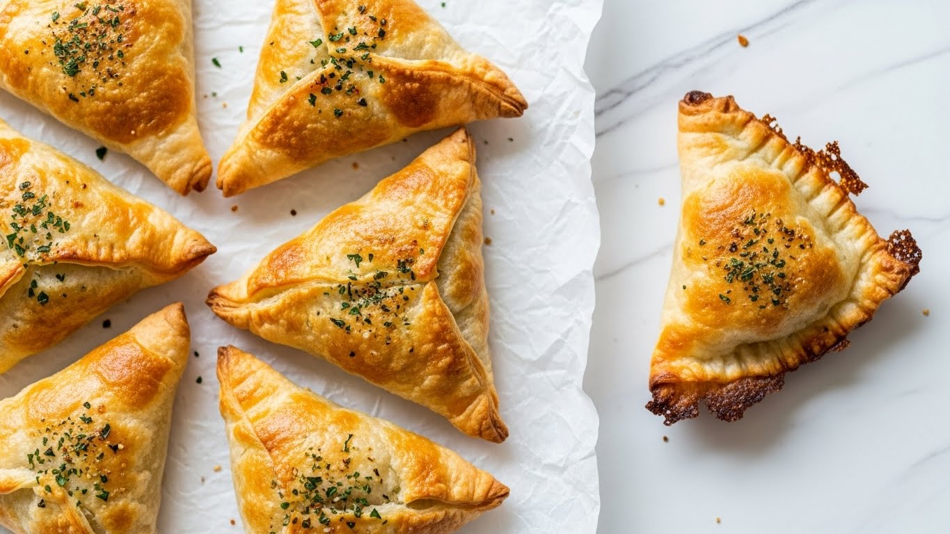 Seven golden-brown triangular pastries with crispy, flaky layers, sprinkled with green herbs on top, arranged closely on crumpled white paper that rests on a white marbled surface. The pastries have a shiny, slightly oily texture with some dark toasted spots, highlighting their well-baked crusts. Photo taken with an iphone --ar 4:5 --v 7