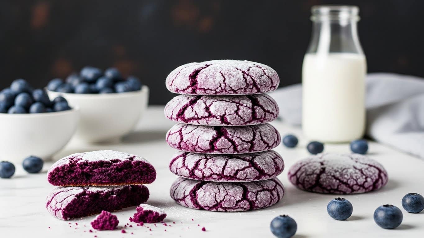 A stack of six round blueberry cookies with a deep purple color and a slightly rough texture is placed on a white marbled surface; the top cookies have small white powdered sugar spots and visible whole blueberries baked into them. One similar cookie lies flat in front of the stack next to scattered fresh blueberries and light sugar dust. To the left, there is a white bowl filled with fresh blue blueberries, and in the blurred background, a jar of blueberry jam adds a touch of dark purple. The scene is softly lit with a cozy, natural feel. photo taken with an iphone --ar 4:5 --v 7