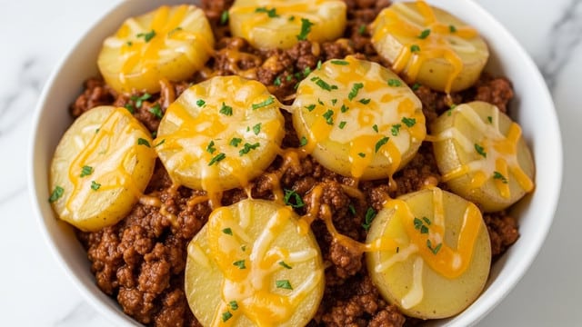 The image shows a white bowl filled with a layered dish consisting of thick, round slices of pale yellow potatoes on top and mixed throughout. These potato slices have a soft, smooth texture with a slight gloss from melted cheese that is light golden yellow in color and spread evenly over them. Beneath and around the potatoes is a rich brown ground meat sauce with visible bits of meat and a thick, glossy texture. The dish is garnished with chopped green herbs scattered on top, adding a fresh pop of color. The background is a white marbled surface. photo taken with an iphone --ar 4:5 --v 7