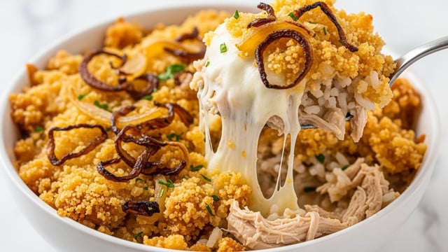 A close-up of a white bowl with a creamy risotto dish, showing one large scoop being lifted by a golden spoon. The risotto has visible soft, creamy white rice mixed with shredded pieces of chicken and scattered green herbs. The outer layer of the dish is topped with a crispy, golden-brown shredded potato crust, adding texture contrast. As the spoon lifts the scoop, melted cheese stretches in long strings from the bowl, emphasizing the creamy and gooey texture inside. The white bowl sits on a white marbled surface. photo taken with an iphone --ar 4:5 --v 7