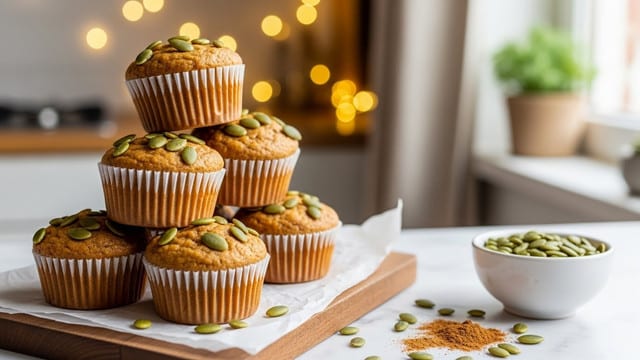 A stack of six golden brown muffins with smooth tops decorated with light green pumpkin seeds sits on slightly crinkled parchment paper, resting on a wooden board. Four muffins form the base, supporting a tilted pile of two more muffins on top. Each muffin liner is white with fine ridges. To the right, a small white bowl filled with light green pumpkin seeds and some seeds scattered on the white marbled surface next to a small pile of cinnamon powder. Soft warm lights glow blurred in the background, with a cozy kitchen setting visible through a window on the right. Photo taken with an iphone --ar 4:5 --v 7