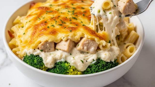 A white bowl filled with creamy baked pasta topped with a golden brown cheesy crust, speckled with small green herb bits. The dish has three visible layers: at the bottom, bright green broccoli florets mixed with a smooth white cheese sauce; above that, a layer of pale creamy pasta and chunks of light beige chicken; the top is a bubbly, toasted layer of melted, slightly browned cheese. A fork lifts a portion showing the gooey cheese stretching thin, with visible cooked chicken and pasta pieces embedded in the creamy sauce. The bowl sits on a white marbled surface. photo taken with an iphone --ar 4:5 --v 7