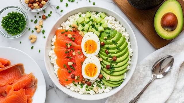 A white bowl contains a layered dish starting with a base of white cottage cheese, topped with three distinct sections: on the left, bright orange slices of smoked salmon arranged flat; in the middle, two halves of a boiled egg with yellow yolks and white edges placed side by side; on the right, thin slices of green avocado fanned out, with small light green cucumber cubes above it. The dish is sprinkled with chopped green chives and small nut pieces. Nearby, there is a white plate with more smoked salmon and a wooden board holding a whole dark green avocado and a halved avocado showing the seed. Small glass bowls hold chopped chives and mixed nuts. The background is a white marbled surface with scattered nuts and chives, beside a white textured cloth with a silver spoon. photo taken with an iphone --ar 4:5 --v 7