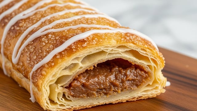 The image shows a close-up of a golden brown pastry with several visible layers of flaky dough, each layer slightly crisp and textured. The top is sprinkled with a sugary crust that shines under the light, and white icing drizzle lays unevenly but thickly on top, giving a glossy finish. The inside reveals soft, slightly spiced filling with a smooth texture and a warm brown color, sandwiched between multiple thin, folded dough layers. The pastry is placed on a wooden board with a rich grain pattern, set on a white marbled surface in the background. photo taken with an iphone --ar 4:5 --v 7