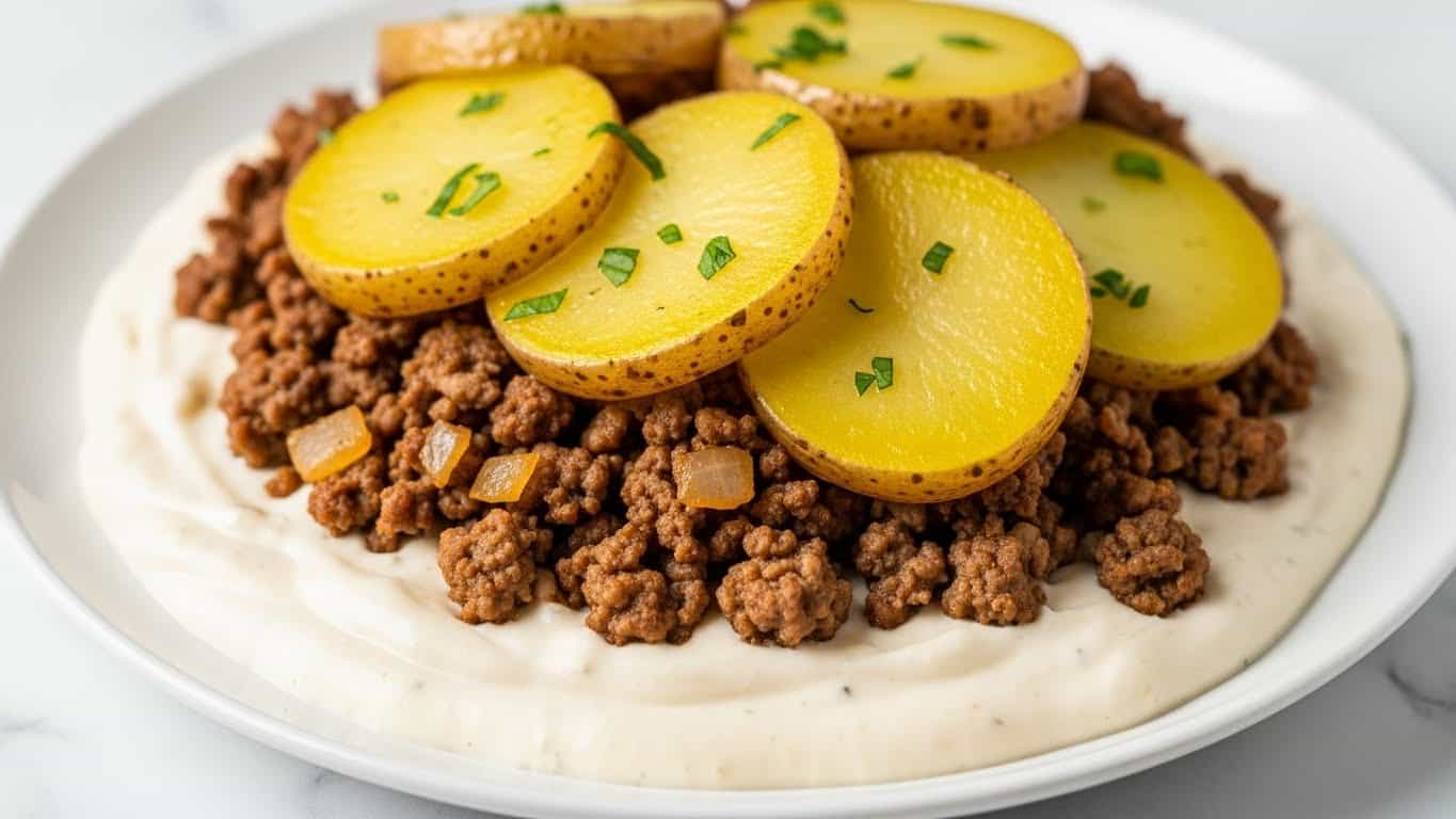 The image shows a close-up of a hearty dish with three main layers. The bottom layer is a creamy white sauce, smooth and thick, spreading evenly on the plate. Above it, there is a layer of browned ground meat mixed with small pieces of onion, giving a rich and textured look. On top, there are several slices of golden-yellow potatoes that look soft and slightly shiny, garnished with small bits of fresh green herbs. The whole dish is served on a white plate placed on a white marbled surface. Photo taken with an iphone --ar 4:5 --v 7