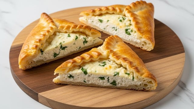 The image shows three triangular pieces of a baked dish placed on a round wooden board on a white marbled surface. Each piece has a golden-brown, flaky crust with crimped edges and is filled with a creamy white cheese mixture that includes small green herbs. The texture of the filling looks smooth and soft, contrasting with the crispy crust. The lighting highlights the warm tones of the crust and the fresh look of the filling. Photo taken with an iphone --ar 4:5 --v 7