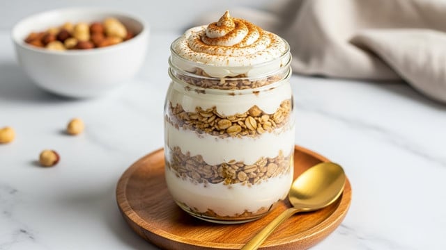 The image shows a jar filled with a dessert with about four visible layers, alternating between creamy white yogurt or cream and a light brown oatmeal or grain mixture with specks of cinnamon. The top layer is a swirl of thick white cream sprinkled with fine cinnamon powder, giving it a warm textured look. The jar sits on a small round wooden plate with a golden spoon next to it on a white marbled surface. In the background, a white bowl filled with nuts and a soft cloth are blurred. Photo taken with an iphone --ar 4:5 --v 7