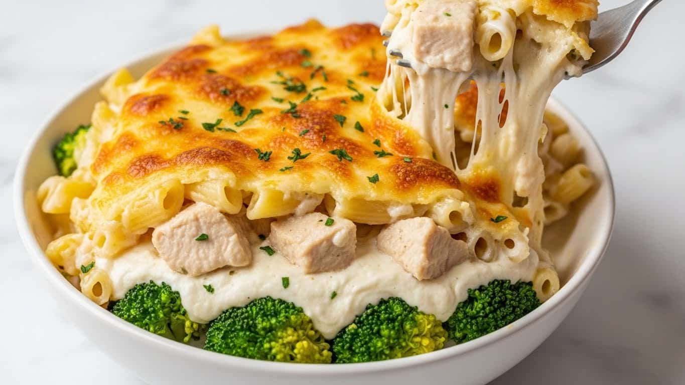This close-up image shows a creamy baked pasta dish in a white ceramic dish, filled with three main layers. The bottom layer is a light yellow creamy sauce with tender pieces of scalloped pasta that have a soft, smooth texture. Mixed within are bright green broccoli florets that add a fresh splash of color and a slight crunch. The top layer features golden brown pieces of seared chicken with crispy, browned edges that look juicy inside. Melted cheese pulls stretch between the chicken and pasta, blending the layers together. Small flecks of chopped green herbs are sprinkled over the dish, adding a fresh finishing touch. The dish is set against a white marbled background. photo taken with an iphone --ar 4:5 --v 7
