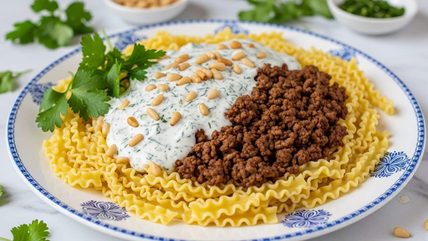 A plate with three main layers is shown. The bottom layer is cooked wavy yellow pasta spread evenly across the white plate with a blue pattern around the edge. On top of the pasta, there is a layer of dark brown cooked ground meat concentrated mostly on the right side. A layer of white creamy sauce with some herbs is poured over the meat and pasta, mainly covering the center and left side. Pine nuts are scattered on top of the sauce and meat, adding a light brown color and texture. Fresh green herbs are placed on the left side of the dish. The plate sits on a white marbled surface with scattered greens and small dishes nearby. Photo taken with an iphone --ar 4:5 --v 7