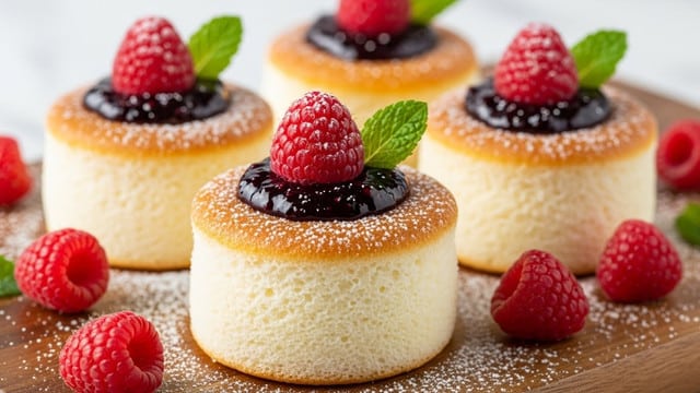 There are four small round fluffy cakes with a light golden brown top layer and a white spongy body below, placed on a wooden board. Each cake has a dollop of dark purple jam on top, crowned with a bright red raspberry and a small green mint leaf. There is a light dusting of white powdered sugar on the tops of the cakes and raspberries. Additional raspberries and mint leaves are scattered around the board. The background has a white marbled texture, and the image is focused closely on the front cake, with others softly blurred behind it. photo taken with an iphone --ar 4:5 --v 7