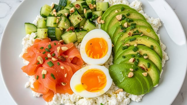A white plate holds a colorful dish with four main parts arranged in sections on top of a base of white cottage cheese with a creamy, lumpy texture. At the top left, there are small cubes of light green cucumber with darker green edges, sprinkled with bits of chopped nuts and green chives. Below that, thin, smooth slices of bright orange smoked salmon lie next to two halves of a boiled egg with a white outside and vibrant yellow yolk inside. On the right side, several slices of soft, green avocado with a creamy texture are fanned out, also topped with chopped nuts and green chives. A drizzle of olive oil shines over the cottage cheese and avocado, all on a white marbled surface. photo taken with an iphone --ar 4:5 --v 7