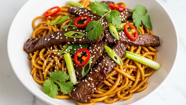 This dish is a close-up view of stir-fried noodles in a white bowl placed on a white marbled surface. The base layer consists of golden yellow noodles that look glossy and slightly oily, twisted together. On top, there are dark brown, tender beef strips with a shiny glaze. Scattered among the beef and noodles are bright green chopped scallions and fresh cilantro leaves, adding a fresh contrast. Thin red chili slices are mixed in, giving a pop of vibrant red color. Tiny white sesame seeds sprinkle over the dish, enhancing texture and detail. photo taken with an iphone --ar 4:5 --v 7
