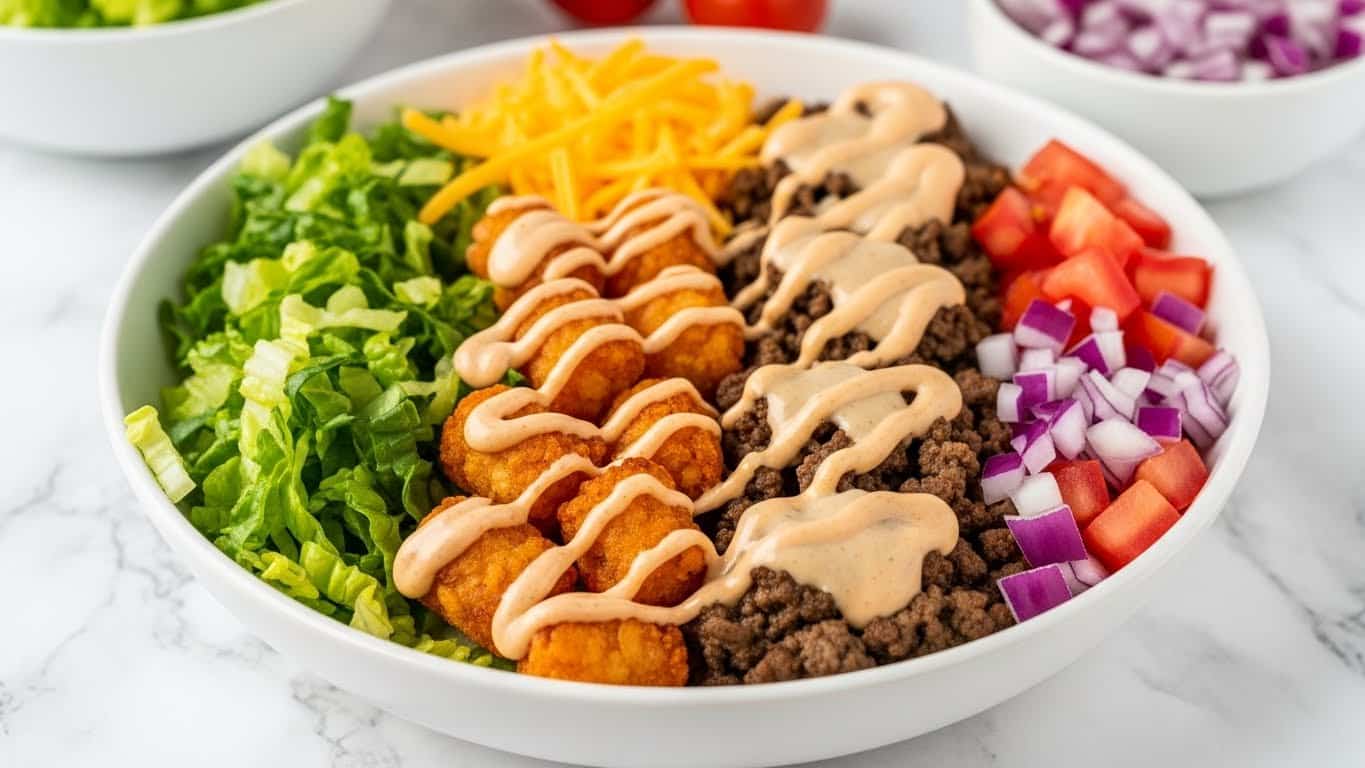 A white bowl with five visible layers arranged separately inside it, starting with a layer of green shredded lettuce on the left side, next to a layer of crispy, orange-brown tater tots drizzled with a light beige sauce. Adjacent to the tater tots is a layer of cooked ground beef covered with the same light beige sauce. Above the beef is a bright orange shredded cheddar cheese layer, and to the right near the edge of the bowl are small pieces of red tomato and diced purple onion. The bowl is placed on a white marbled surface with blurred bowls of green lettuce and diced onion in the background. Photo taken with an iphone --ar 4:5 --v 7