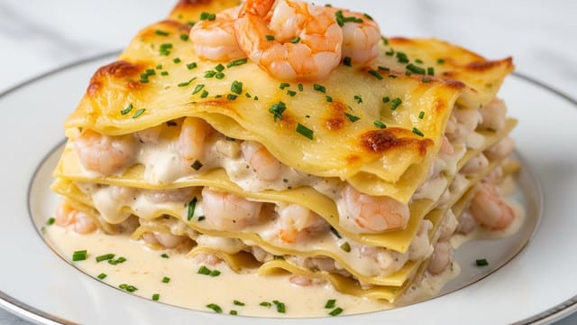 A close-up view of four layers of creamy shrimp lasagna on a white plate with a silver rim, each layer showing soft, slightly browned pasta sheets with a rich, white creamy sauce mixed with small shrimp pieces. The top layer is golden with melted cheese, lightly browned in spots, and garnished with finely chopped green herbs and whole shrimp on top, with a few green herb sprinkles scattered on the plate. The creamy sauce slightly pools around the lasagna base. The background is a white marbled texture. photo taken with an iphone --ar 4:5 --v 7