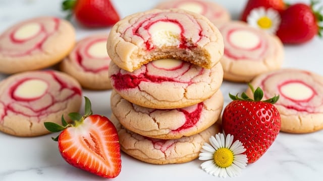 The image shows a stack of soft, round cookies with light pink and red swirls from mixed strawberries. The top cookie has a bite taken out, showing a soft, slightly crumbly inside with a creamy white center layer. Around the stack, there are more similar cookies lying flat, all with a smooth, slightly textured surface. Near the cookies, fresh whole strawberries and one halved strawberry reveal bright red flesh with seeds, accompanied by a small white and yellow daisy flower. The scene is set on a white marbled surface. photo taken with an iphone --ar 4:5 --v 7