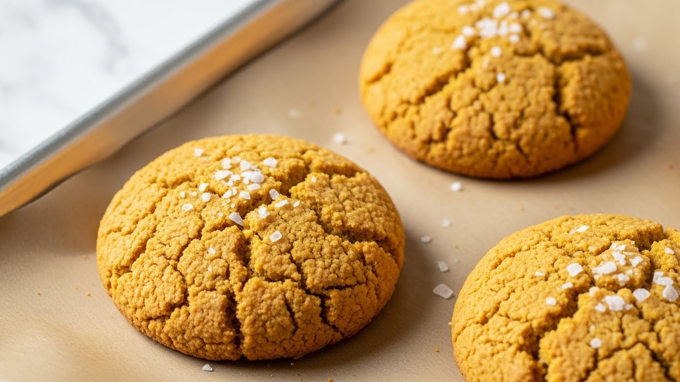 Three golden brown round biscuits with a rough, crumbly texture are placed on a piece of light brown baking paper on a baking tray. Each biscuit has small white salt flakes sprinkled on top, adding texture and contrast. The biscuits look soft inside, with a slightly crispy outer layer. The image is close up, showing the details of the rough edges and the baked surface, and the tray sits on a white marbled background. Photo taken with an iphone --ar 4:5 --v 7